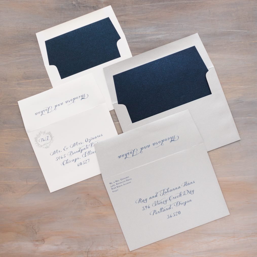 Navy and Silver wedding invitation envelopes