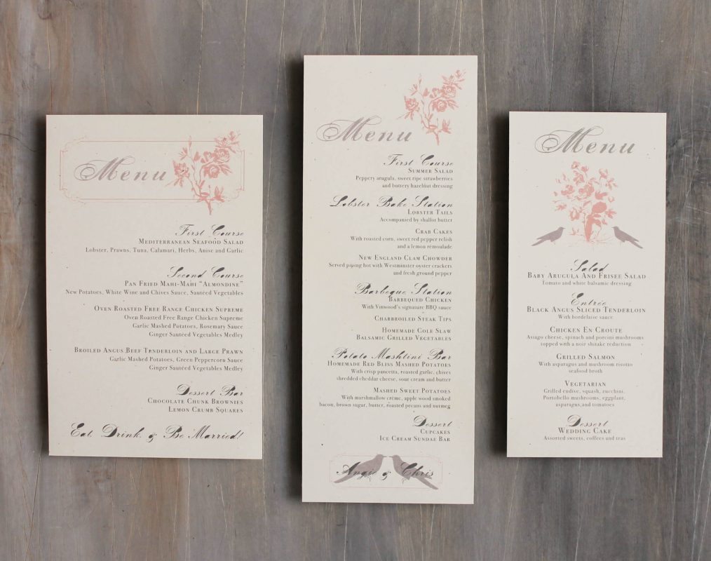 Pink & Gray Loves Lace Customizable Flat Wedding Menus | Beacon Lane