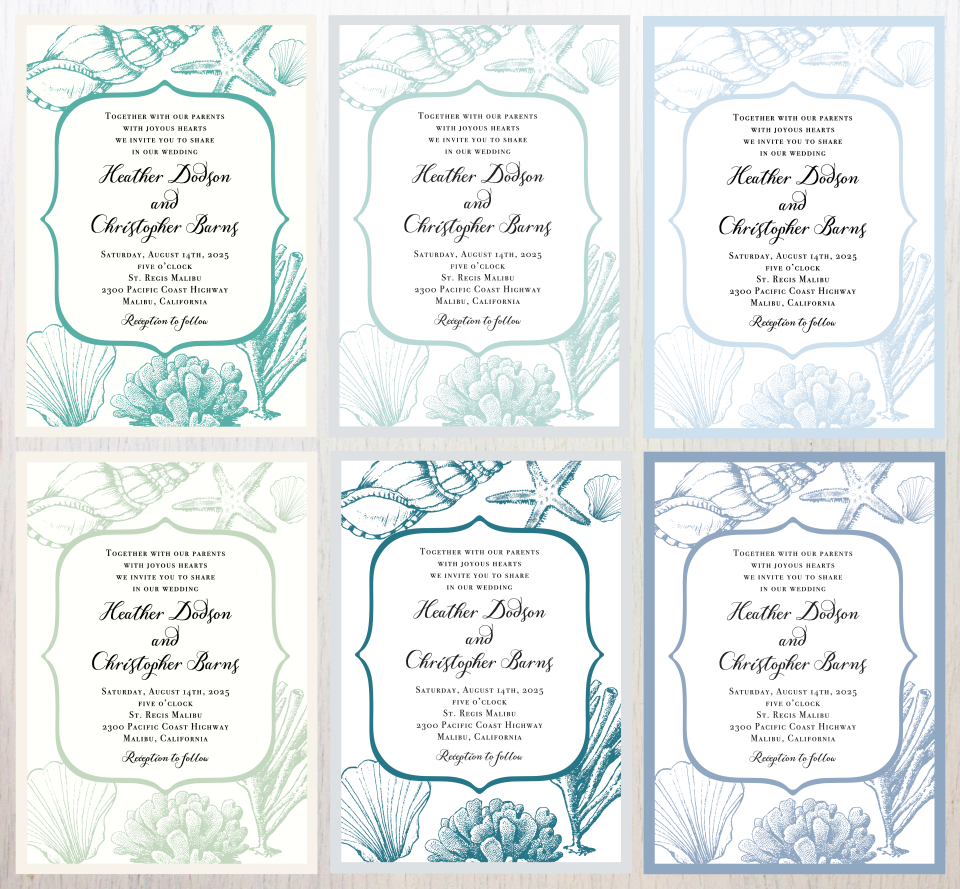 Beach Wedding Invitations seashell navy destination | Beacon Lane, image size:960x889