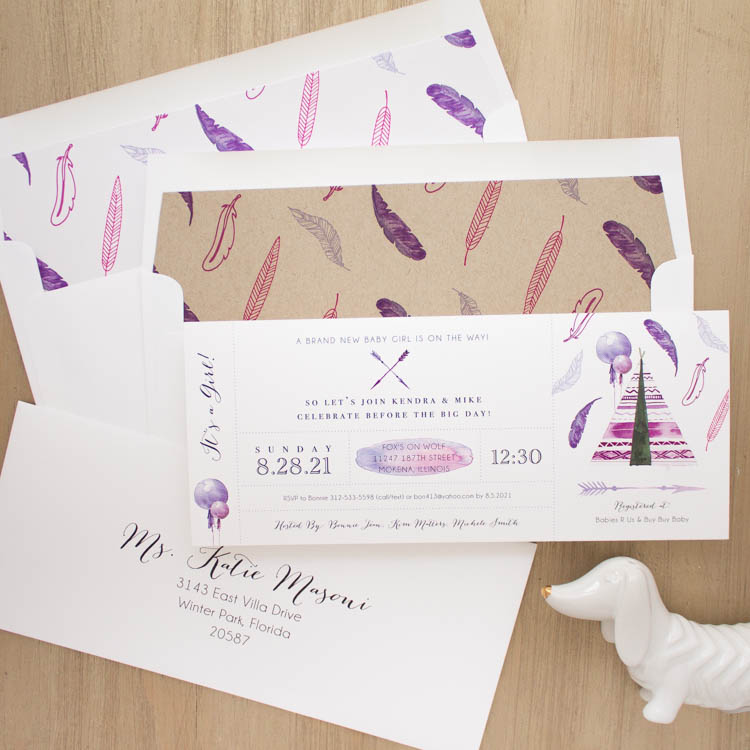 Boho Girl Baby Shower Invitations with envelope liners Beacon Lane