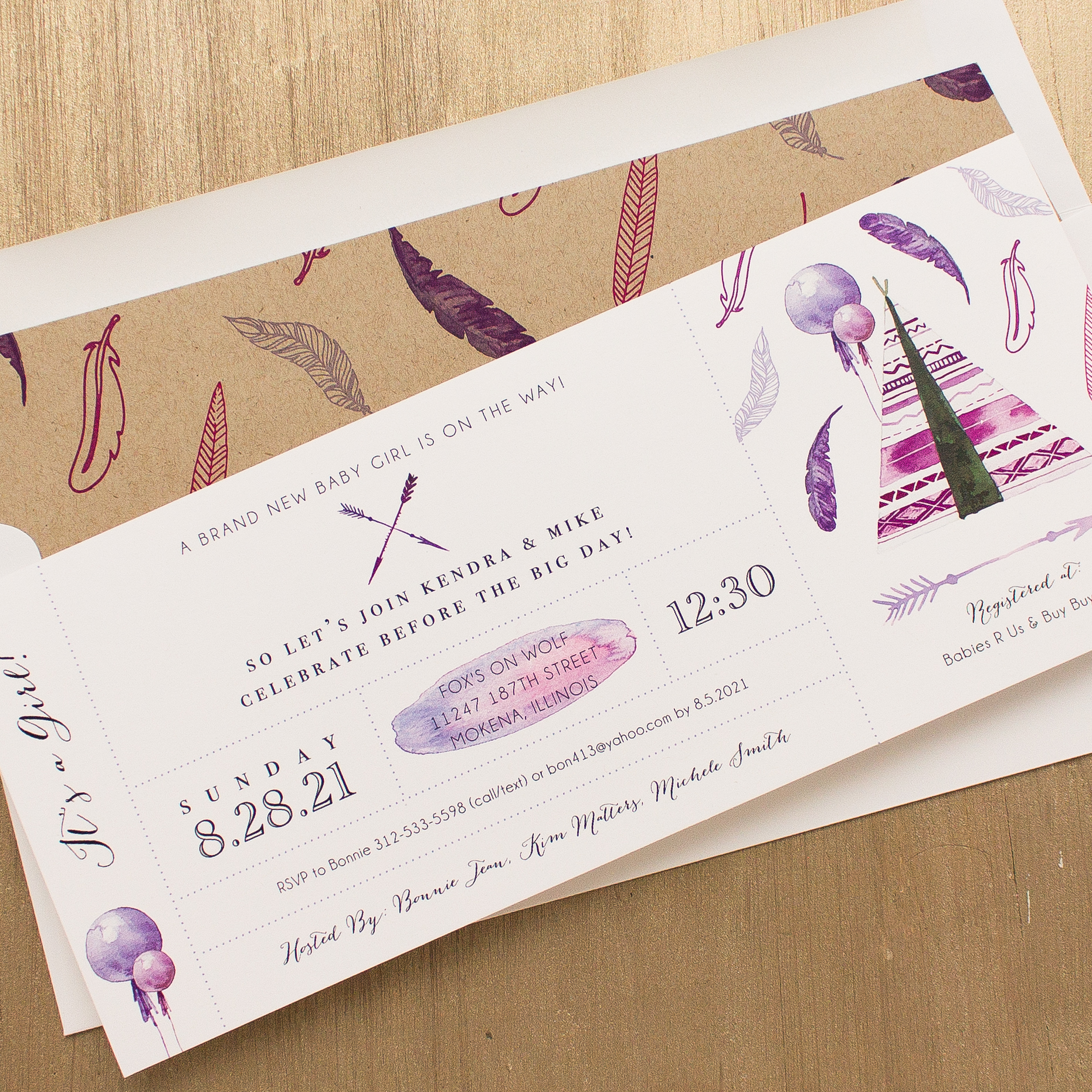 Boho Girl Baby Shower Invitations with envelope liners Beacon Lane