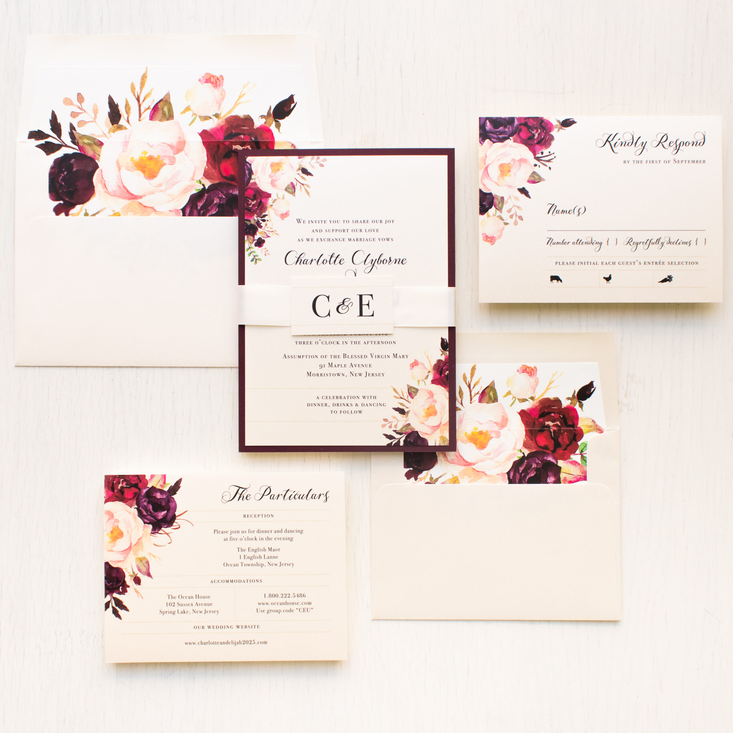 burgundy floral wedding invitations
