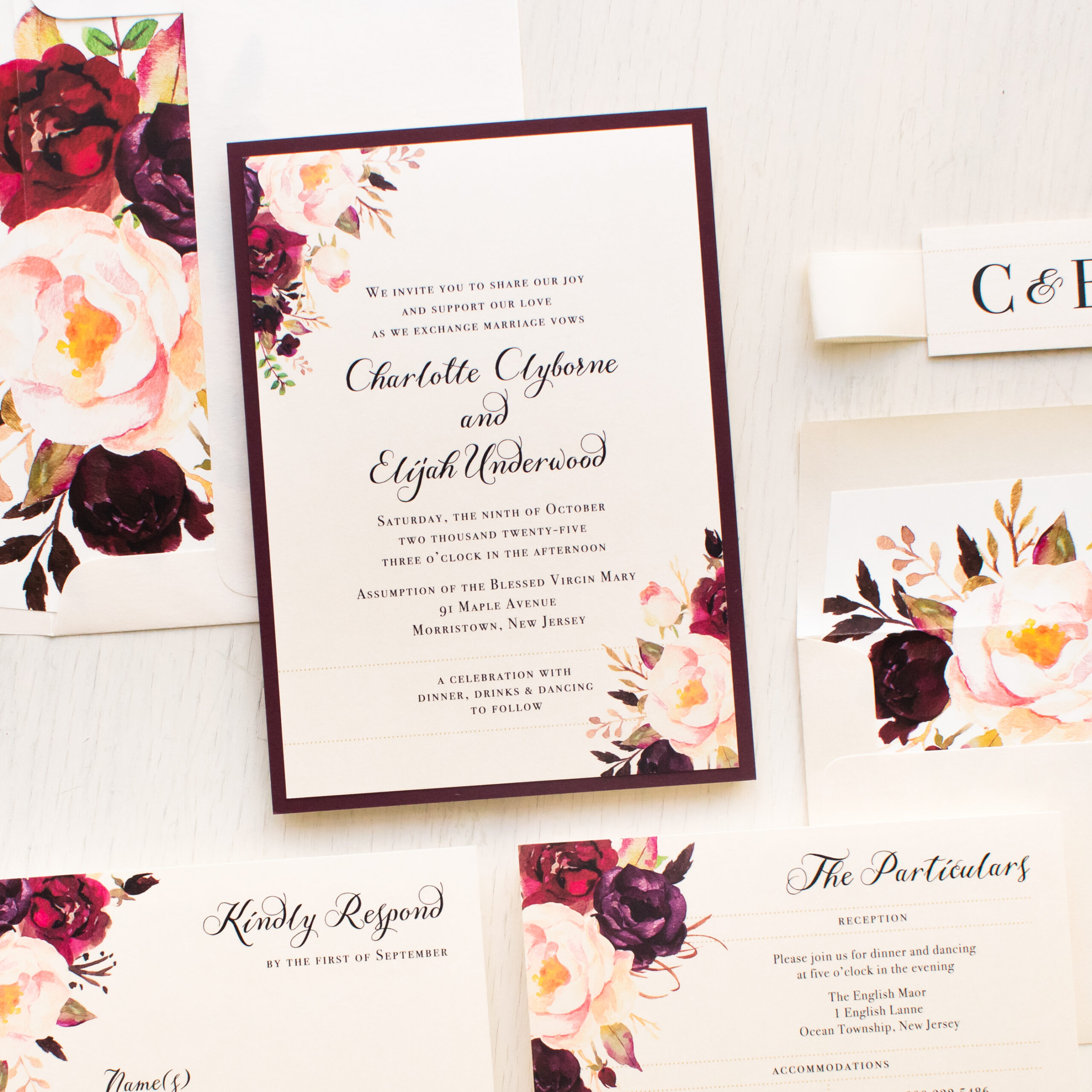 Burgundy Floral Wedding Invitations | Beacon Lane, image size:2560x2560
