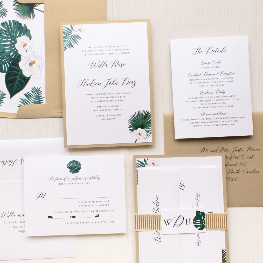 tropical gold & white wedding invitations