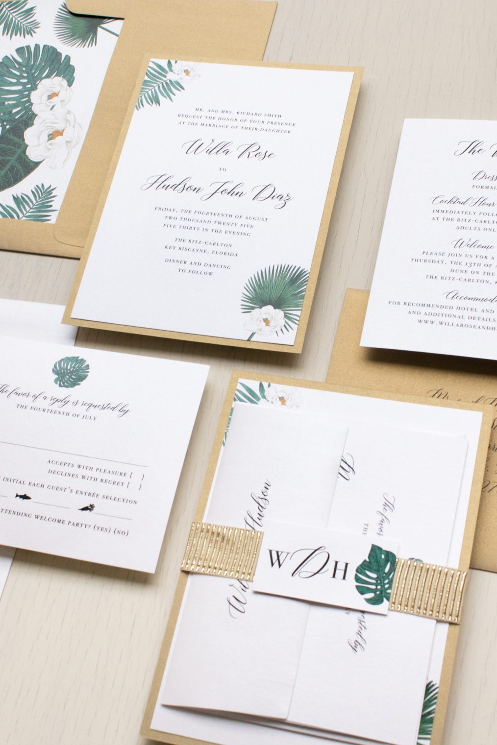 tropical gold & white wedding invitations