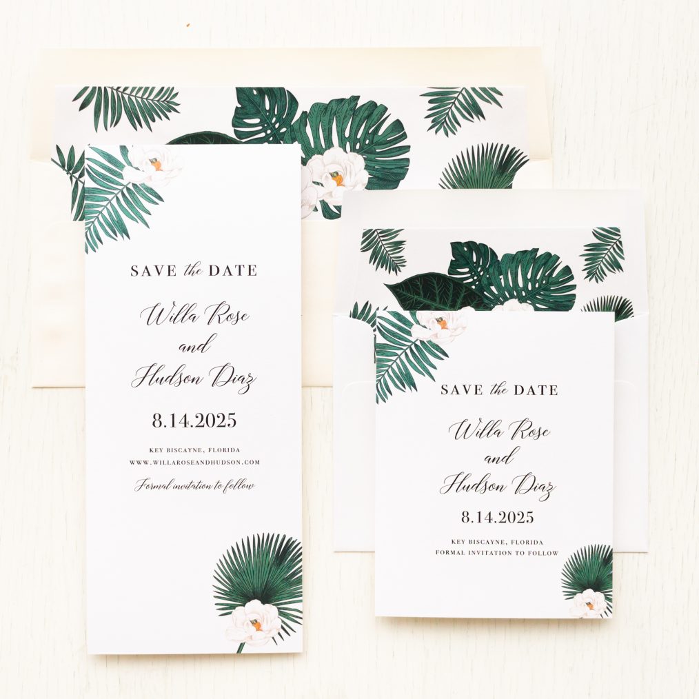 Tropical Gold & White Save the Dates