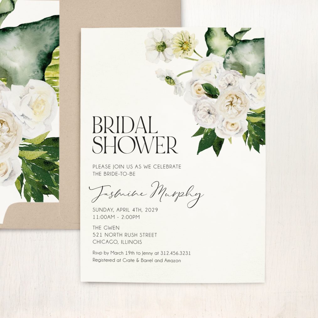 Modern White Floral Bridal Shower Invitations