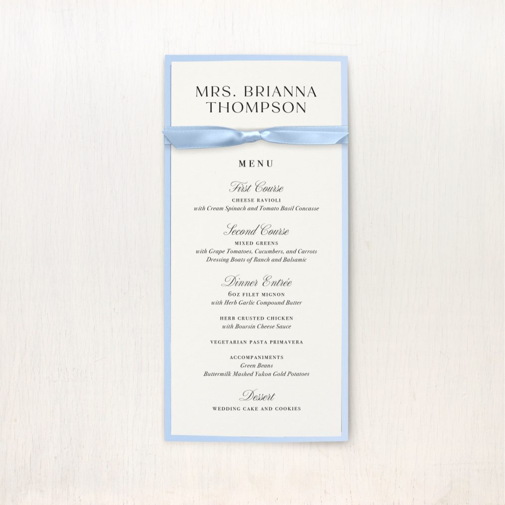 Pale Blue Script Flat Menu Cards | Beacon Lane